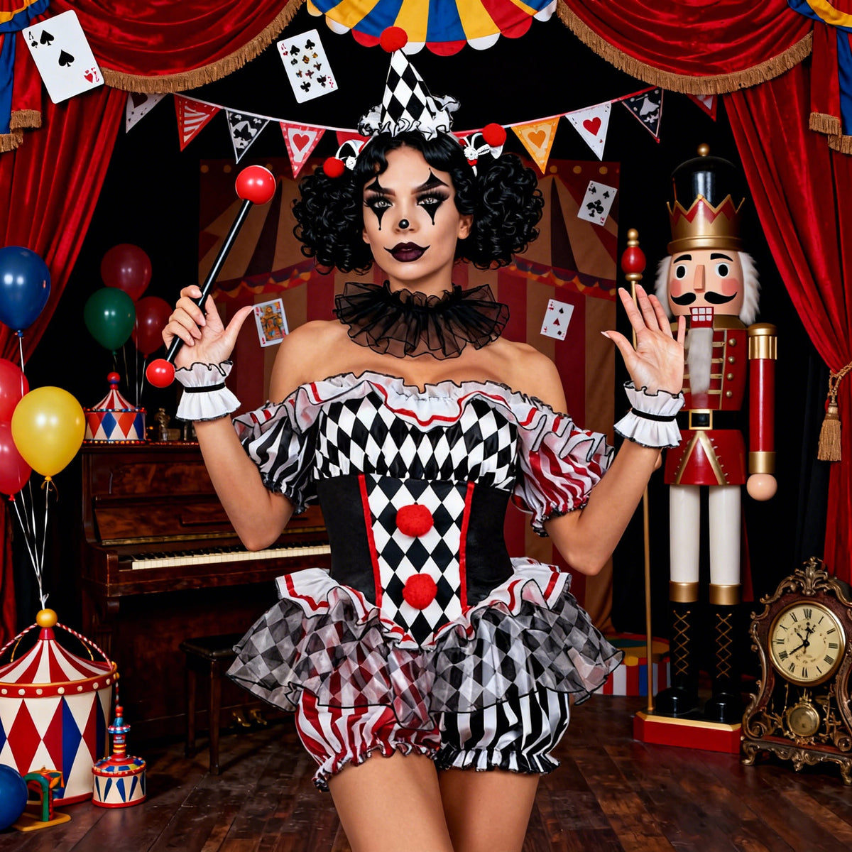 Harlequin Ruffle Romper Costume | Black, White and Red