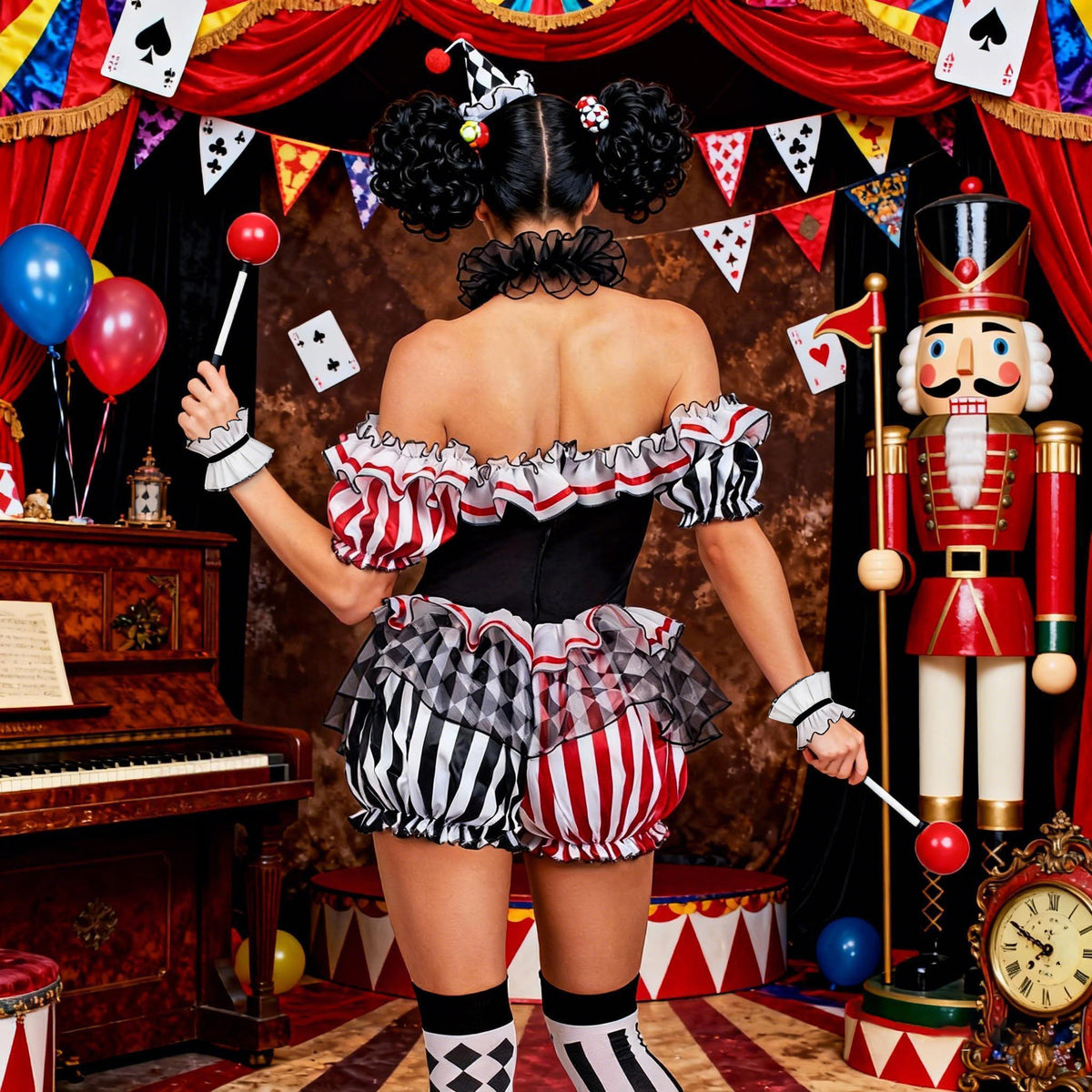Harlequin Ruffle Romper Costume | Black, White and Red