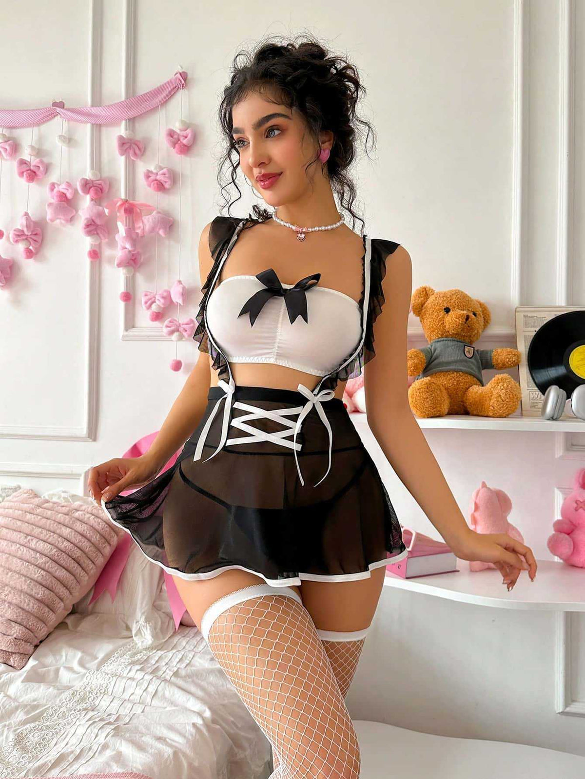 Bow Detail Mesh Maid Set | Black