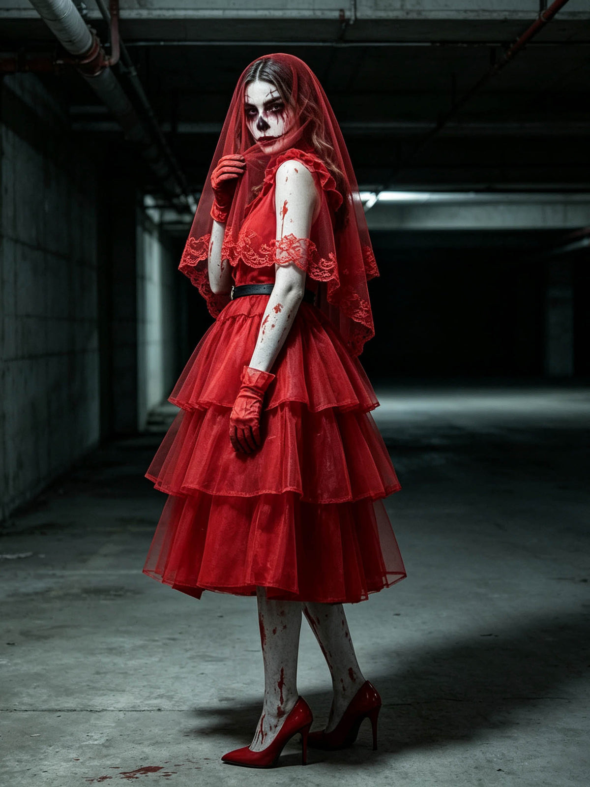 Red Tiered Zombie Bride Costume