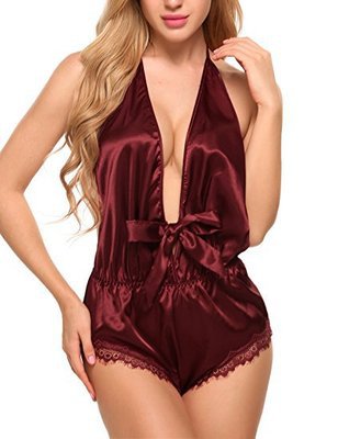 Satin Halter Lace Trim Romper 