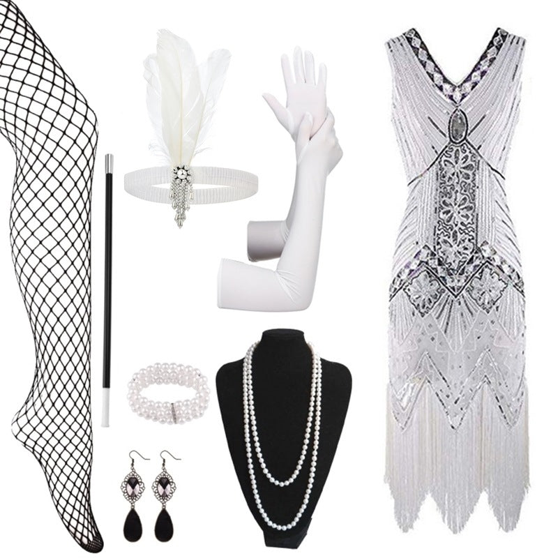 Beaded Flapper Dress and Accessories | White
