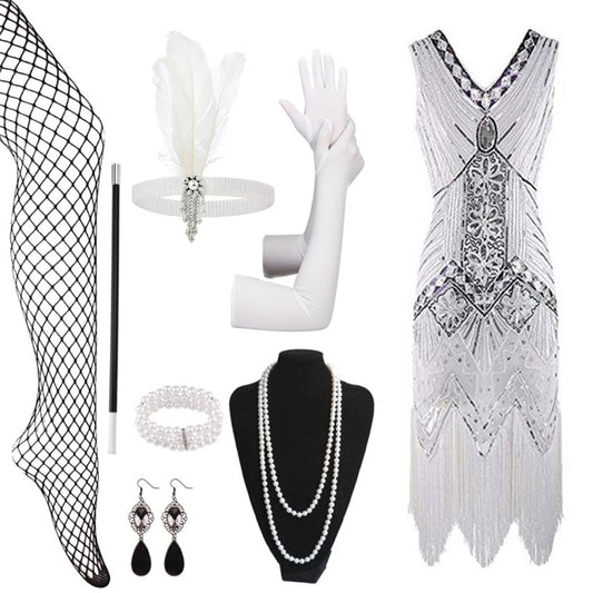 Beaded Flapper Dress and Accessories | White