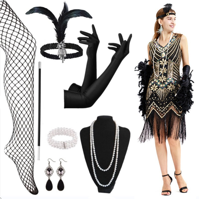 Beaded Flapper Dress and Accessories | Black and Gold