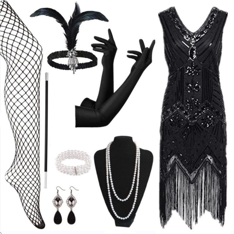 Beaded Flapper Dress and Accessories | Black