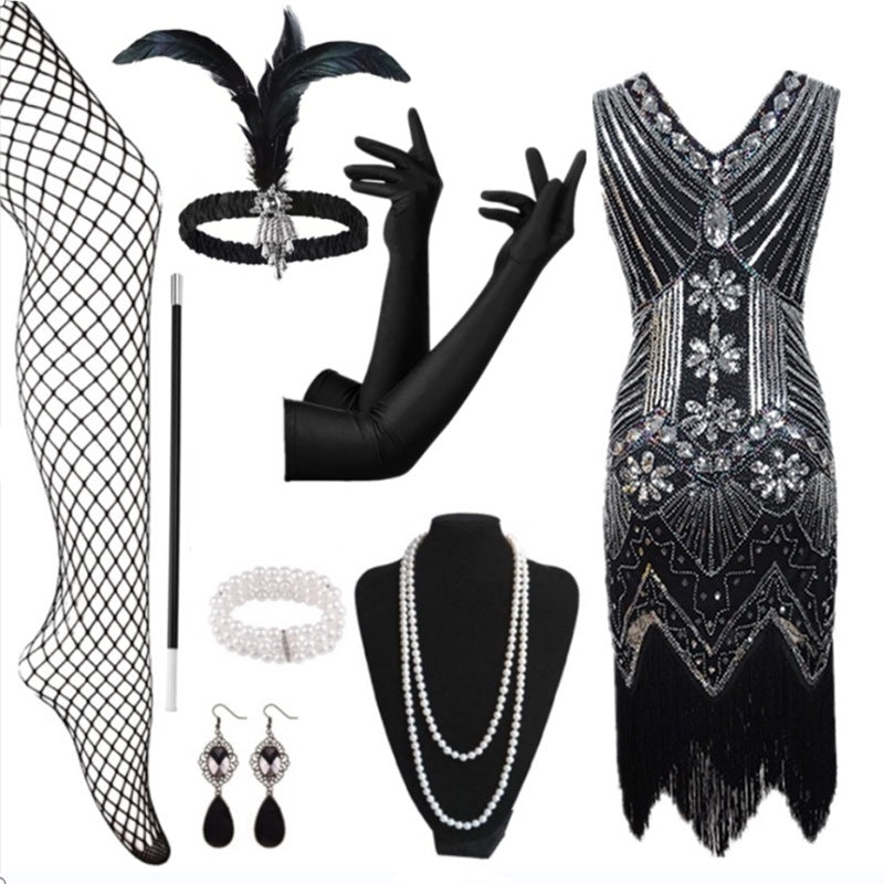 Beaded Flapper Dress and Accessories | Black and Silver