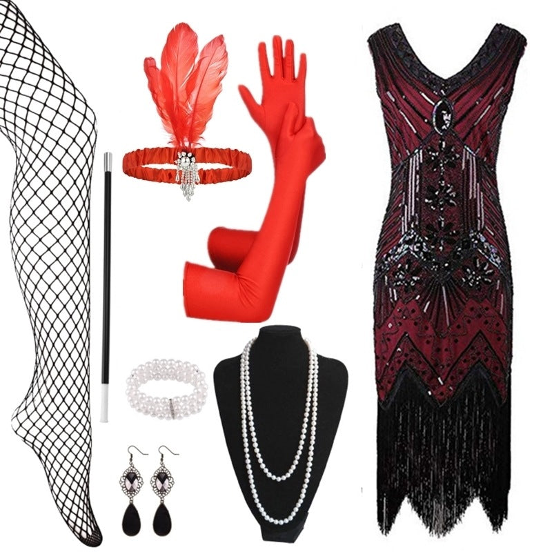 Beaded Flapper Dress and Accessories | Burgundy
