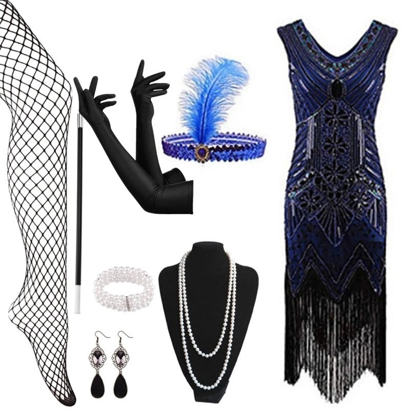 Beaded Flapper Dress and Accessories | Black and Blue