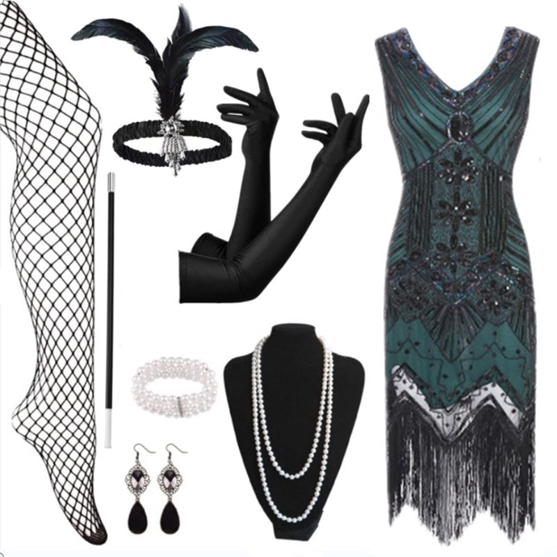 Beaded Flapper Dress and Accessories | Dark Green