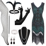 Beaded Flapper Dress and Accessories | Dark Green