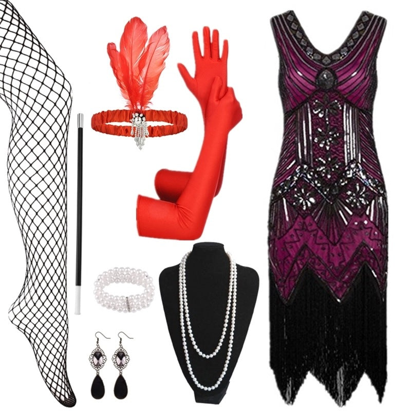 Beaded Flapper Dress and Accessories | Hot Pink