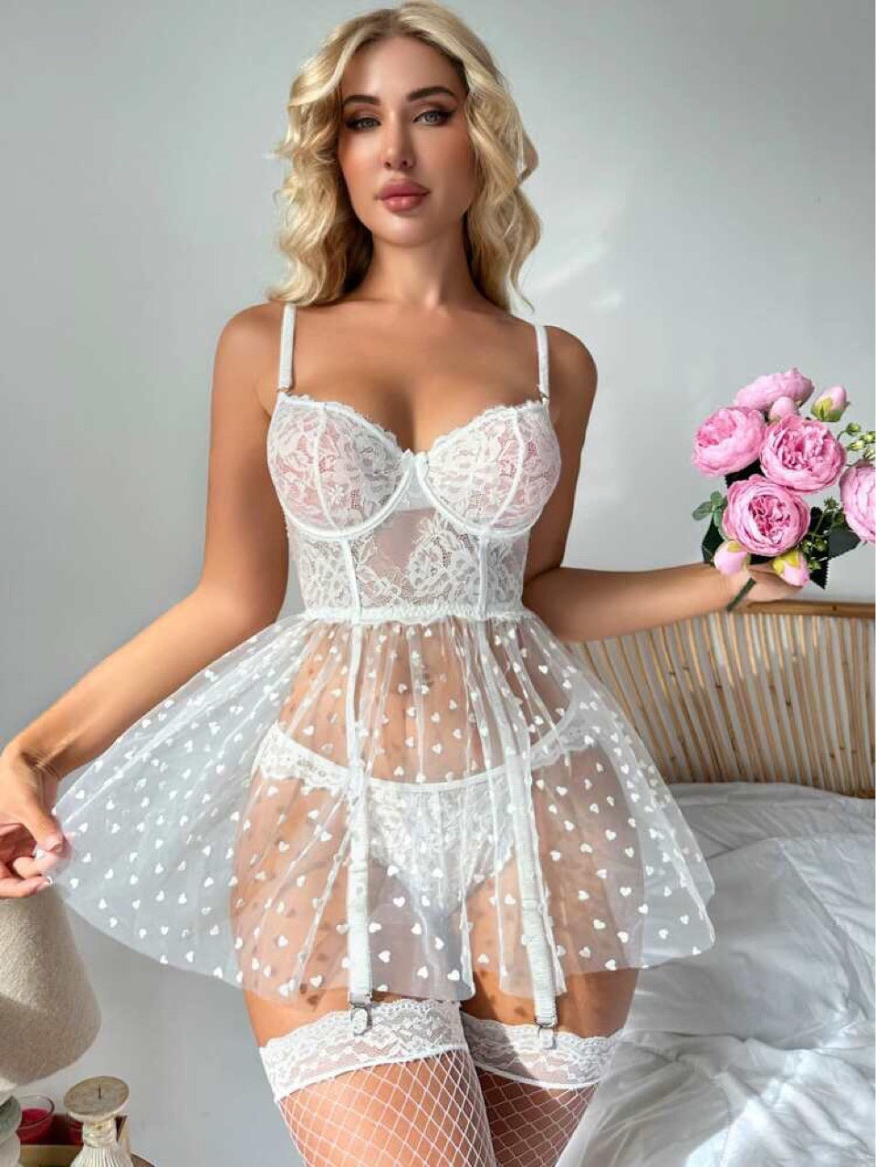 Polka Dot Mesh Babydoll Set | White