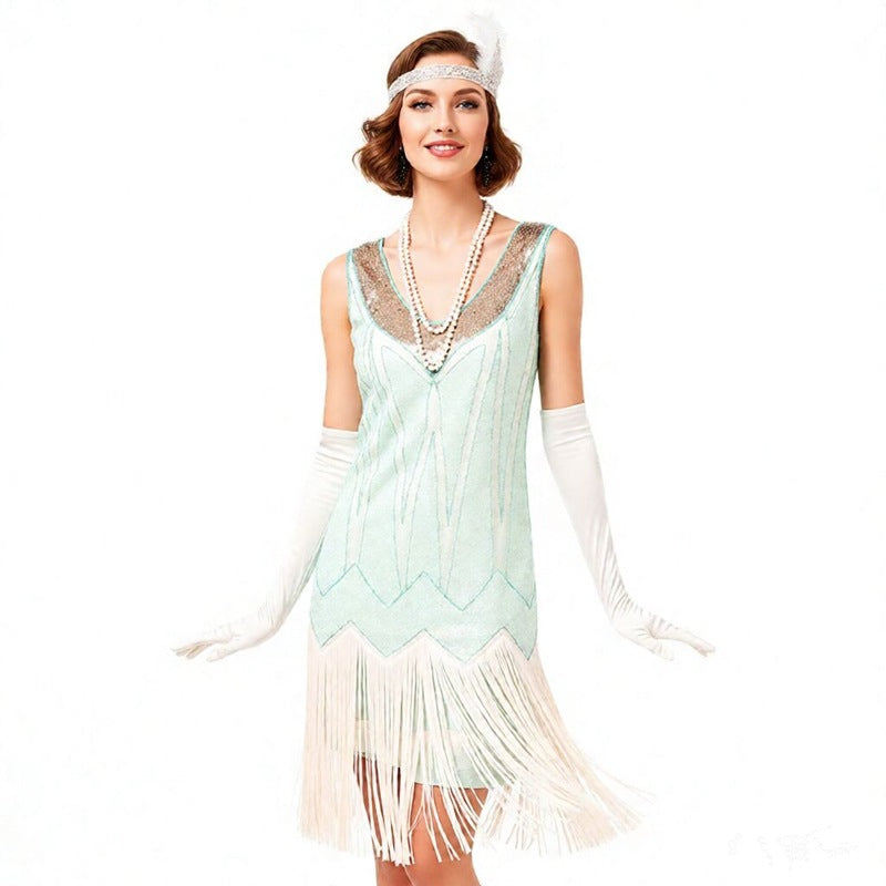 Beaded Fringe Flapper Dress | Light Blue