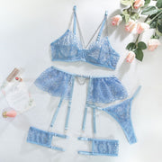 Chain Detail Lace Garter Lingerie Set | Light Blue