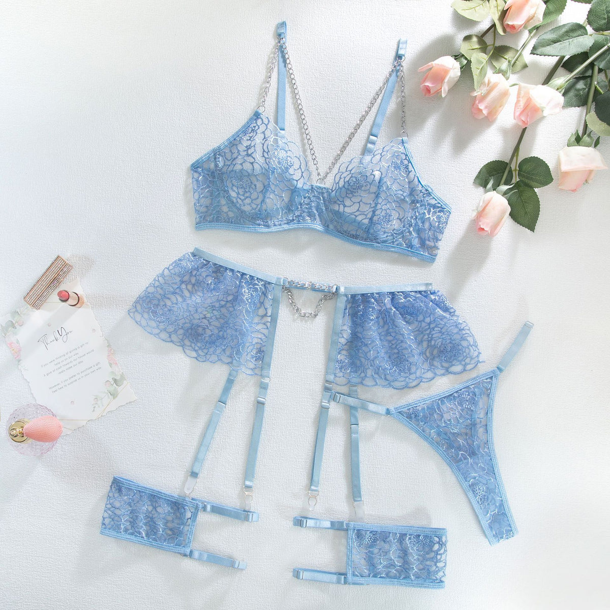 Chain Detail Lace Garter Lingerie Set | Light Blue