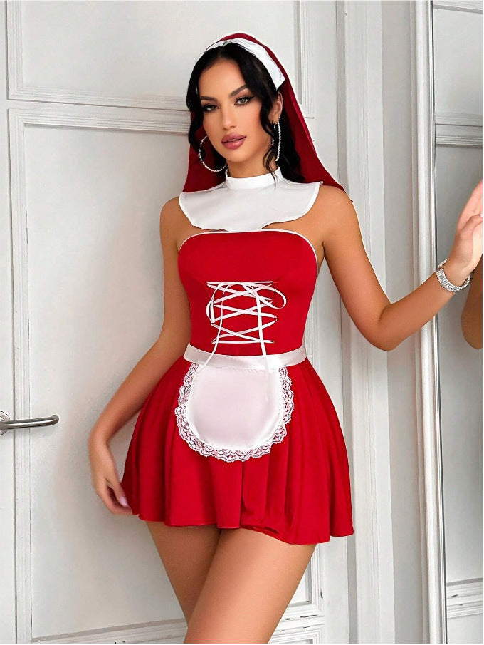 Lace-Up Maid Costume Dress | Red