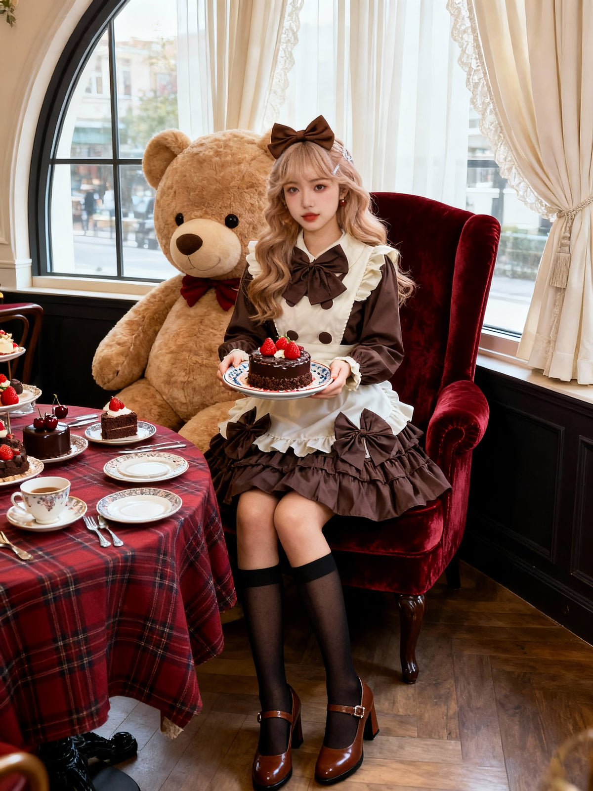 Brown Long Sleeve Maid Costume Set