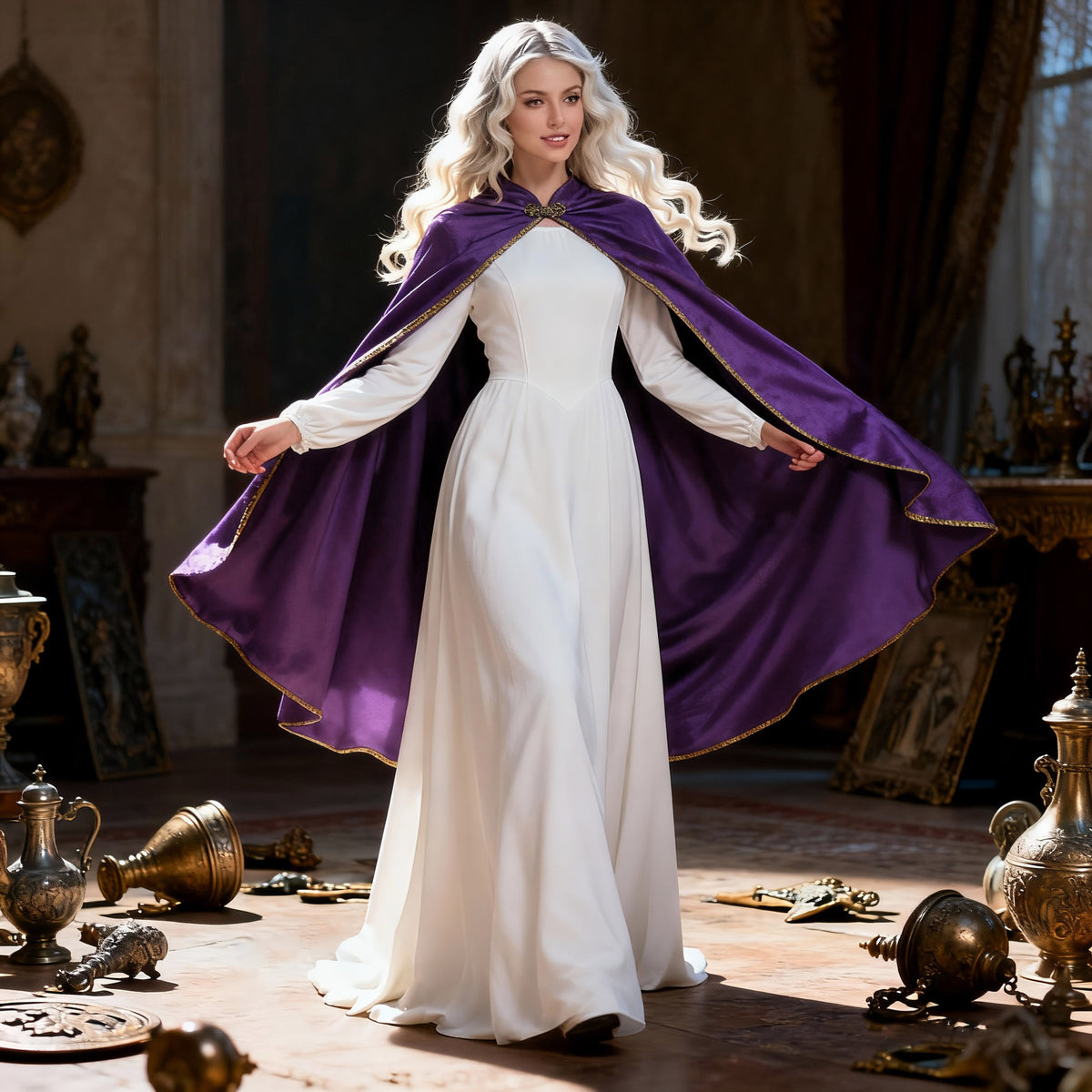 Gold Trim Velvet Cape | Purple
