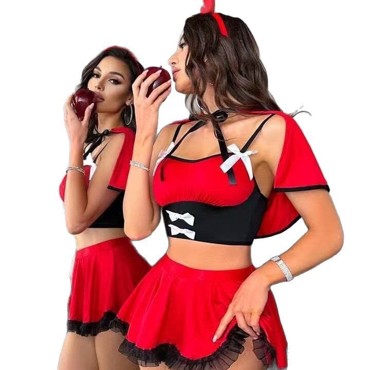 Red hooded cape lingerie costume detail