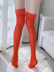 Sheer Lace Top Thigh-High Stockings | Red