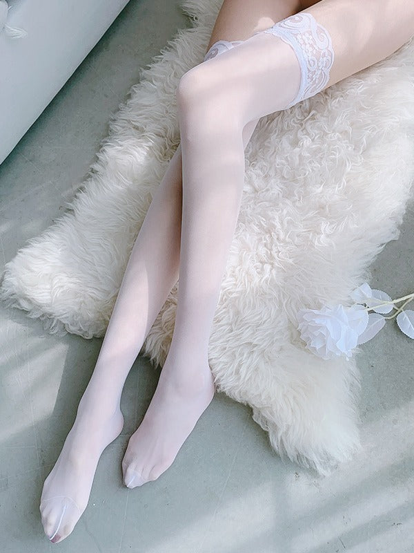 Sheer Lace Top Thigh-High Stockings | White