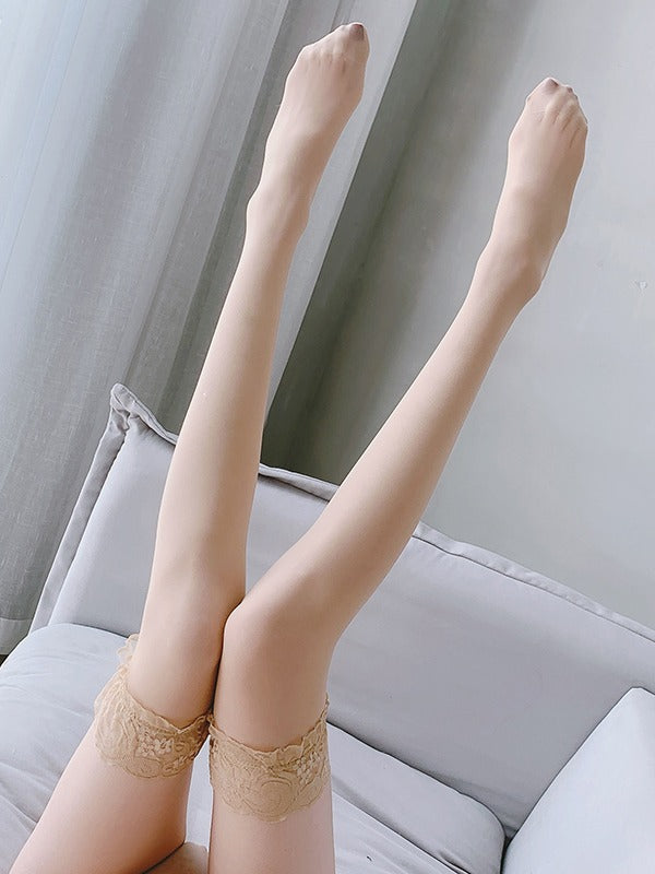 Sheer Lace Top Thigh-High Stockings | Nude